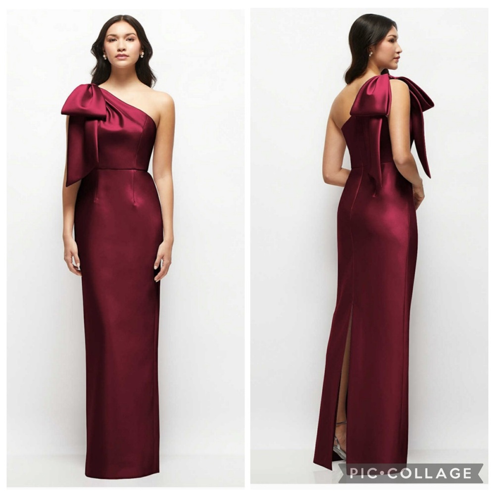 ALFRED SUNG One-Shoulder Bow-Accent Maxi Dress in Burgundy